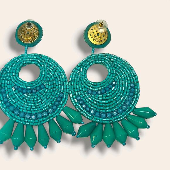 Kenneth J Lane KJL Turquoise Seed Bead Round Gypsy Hoop Drops Pierced Earrings - Picture 6 of 8